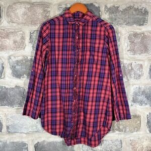 Betsey Johnson Plaid Ruffle‎ Front Button Down Long Sleeve Shirt Woman's Small